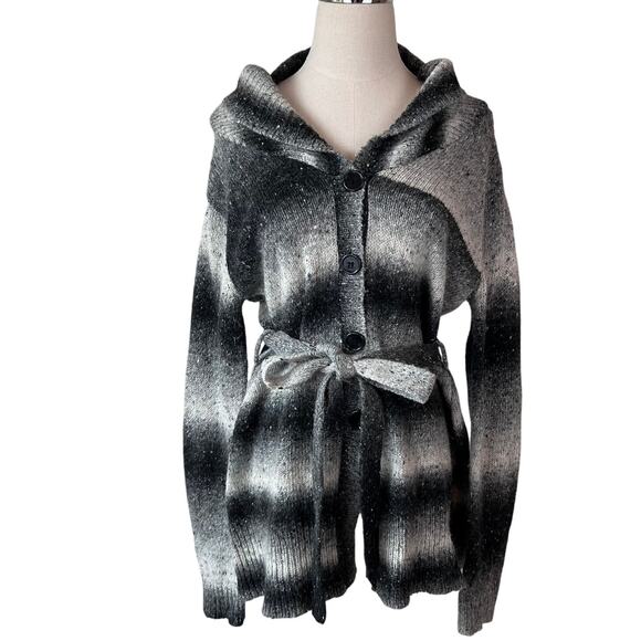 Vintage Y2K Wool Blend Button Up Cardigan Sweater Belted Black White Medium - Picture 1 of 15